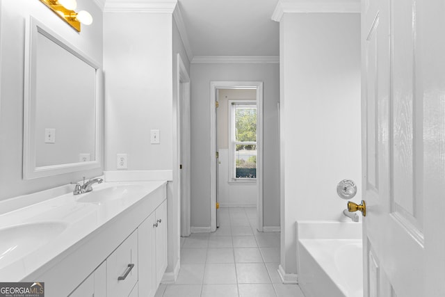 bathroom featuring double vanity, a bathing tub, ornamental molding, tile patterned flooring, and a sink