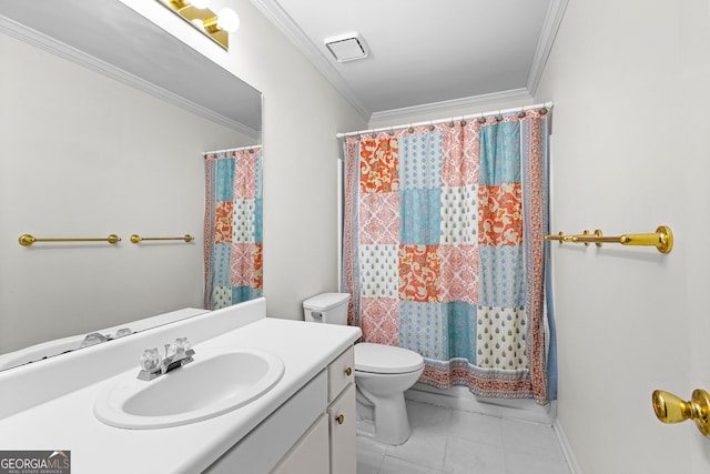 bathroom with a shower with shower curtain, vanity, toilet, and crown molding