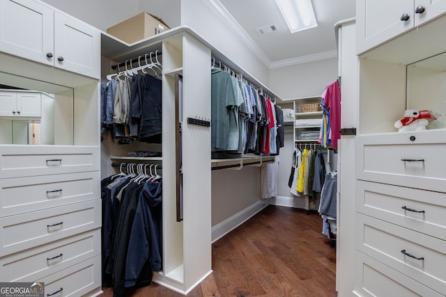 spacious closet with dark wood-style floors and visible vents