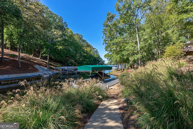 view of home's community with a boat dock and boat lift