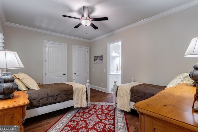 bedroom featuring crown molding, connected bathroom, ceiling fan, wood finished floors, and baseboards