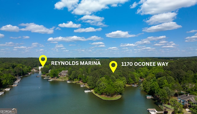 drone / aerial view featuring a water view and a wooded view