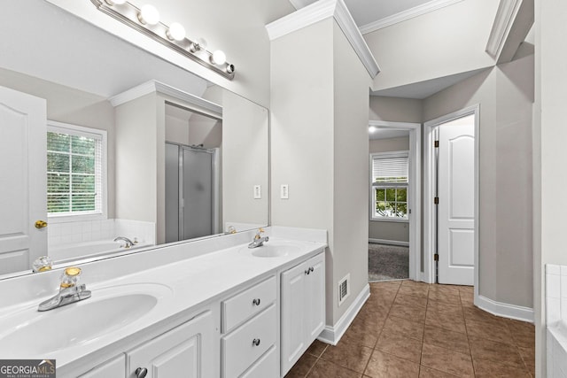 full bathroom featuring a stall shower, a wealth of natural light, and a sink