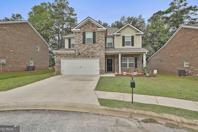 view of front facade featuring cooling unit, brick siding, concrete driveway, board and batten siding, and a front yard