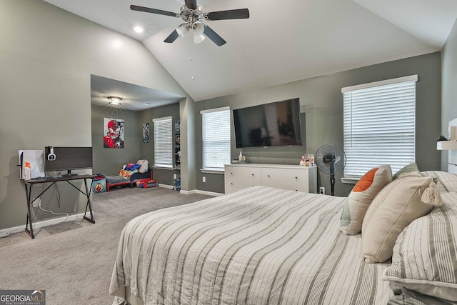 carpeted bedroom featuring a ceiling fan, lofted ceiling, baseboards, and recessed lighting