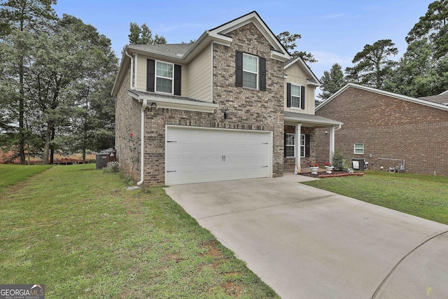 view of front of house with concrete driveway, an attached garage, central air condition unit, a front lawn, and brick siding