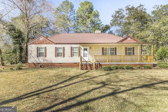 view of front facade with a porch, a front yard, crawl space, and metal roof