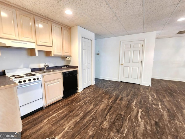 kitchen featuring black dishwasher, dark wood finished floors, white electric range, under cabinet range hood, and a sink