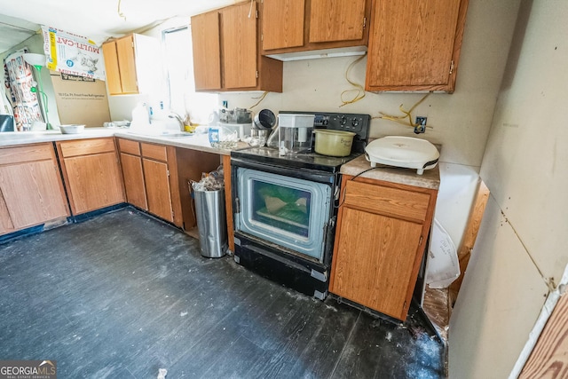 kitchen with under cabinet range hood, dark wood-type flooring, a sink, electric stove, and light countertops