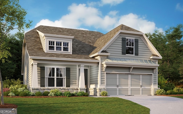 view of front of house featuring driveway, a garage, stone siding, roof with shingles, and a front yard