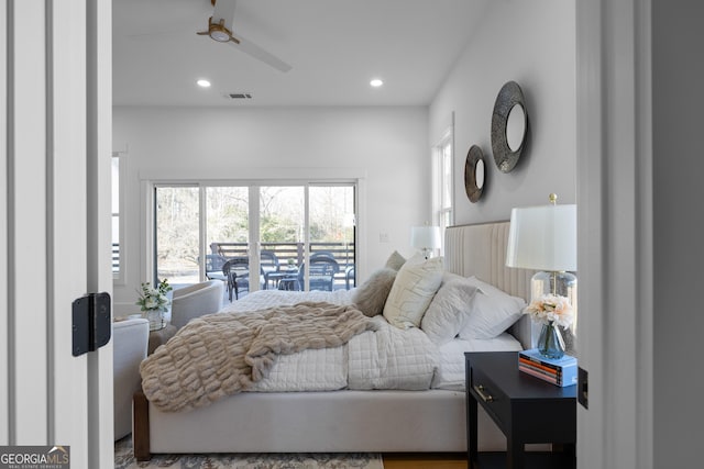 bedroom featuring ceiling fan, recessed lighting, visible vents, and access to exterior