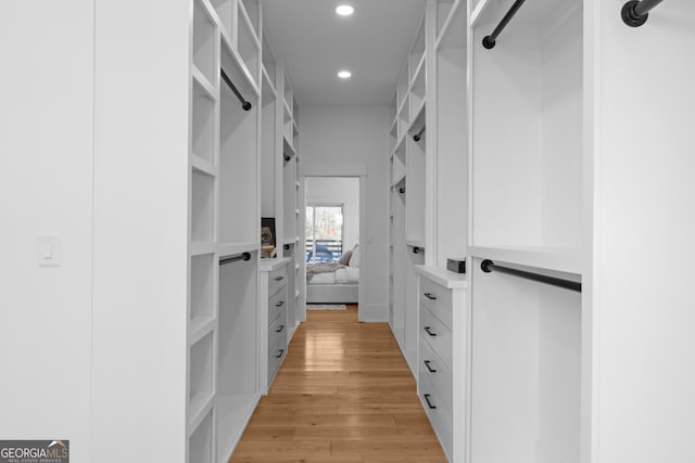 walk in closet with light wood-style flooring