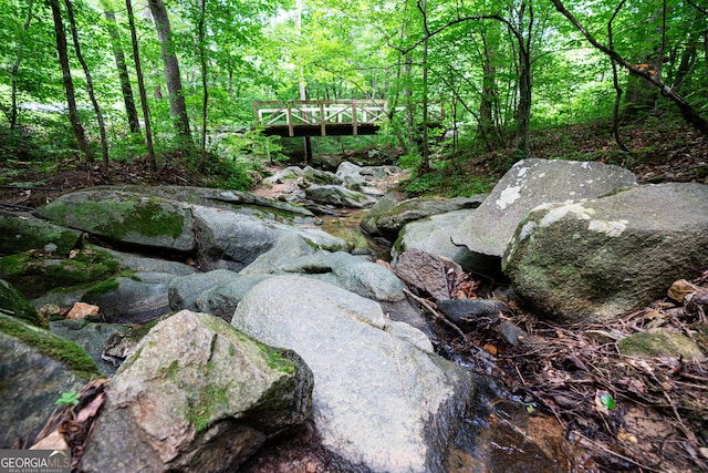 view of landscape featuring a wooded view