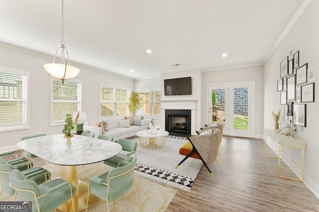 living room with baseboards, ornamental molding, wood finished floors, a fireplace, and recessed lighting