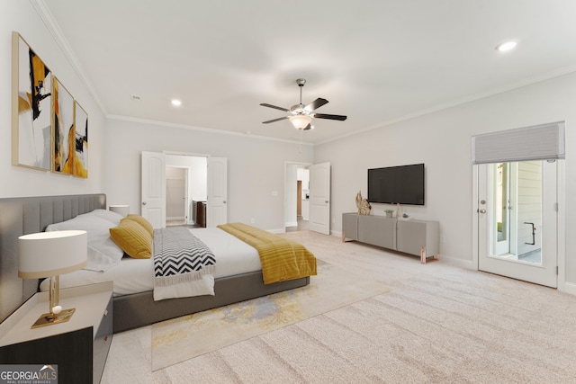 carpeted bedroom featuring access to outside, ornamental molding, recessed lighting, and baseboards