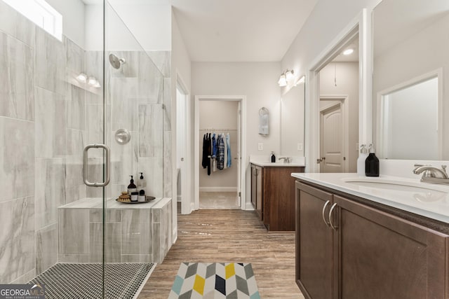 bathroom with wood finished floors, two vanities, a sink, a stall shower, and a walk in closet