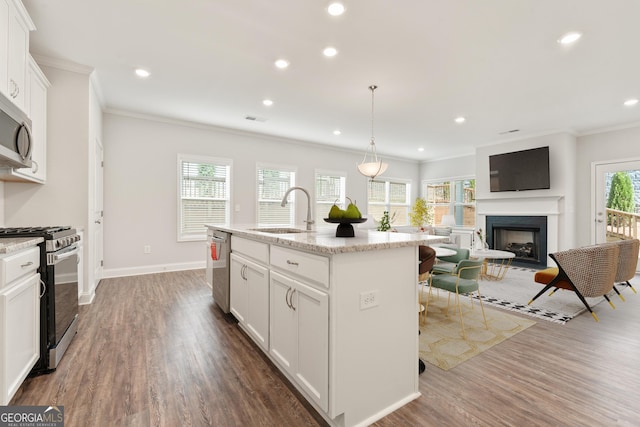 kitchen with a fireplace, stainless steel appliances, ornamental molding, a sink, and an island with sink