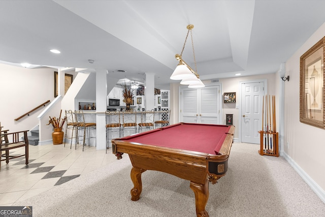 game room featuring recessed lighting, a raised ceiling, pool table, baseboards, and tile patterned floors