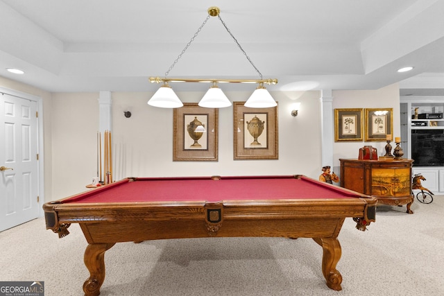 playroom featuring pool table, a tray ceiling, carpet flooring, and recessed lighting