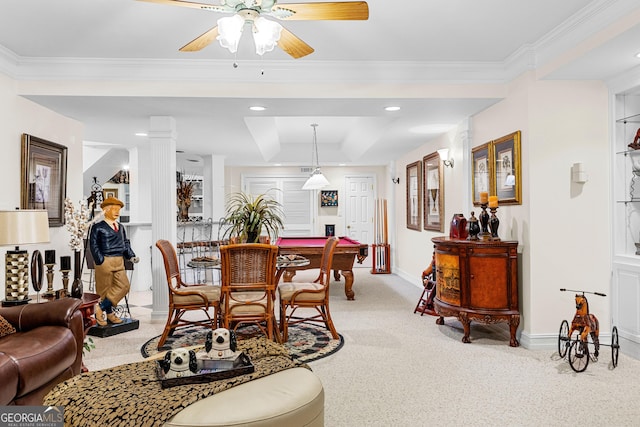 dining area with ornamental molding, light carpet, decorative columns, and baseboards