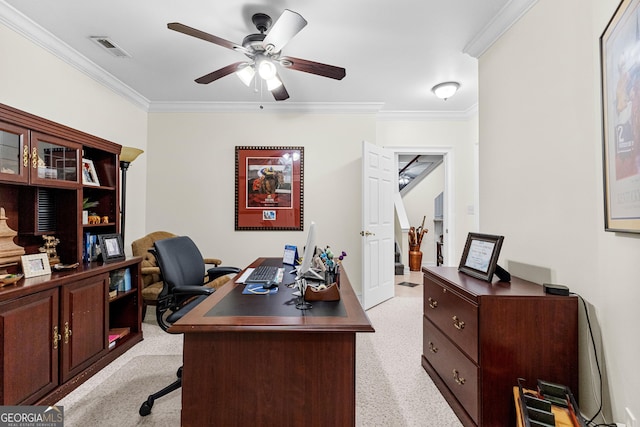 office area with ceiling fan, visible vents, and crown molding