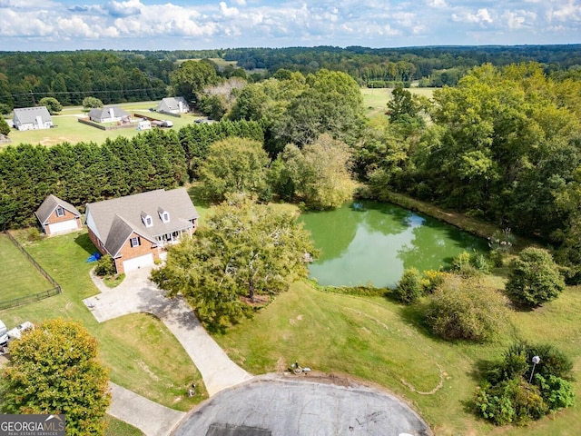 drone / aerial view featuring a water view and a view of trees