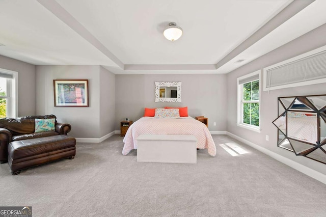 bedroom featuring a tray ceiling, carpet flooring, and baseboards