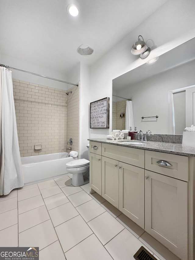 bathroom with visible vents, shower / bathtub combination with curtain, toilet, vanity, and tile patterned flooring