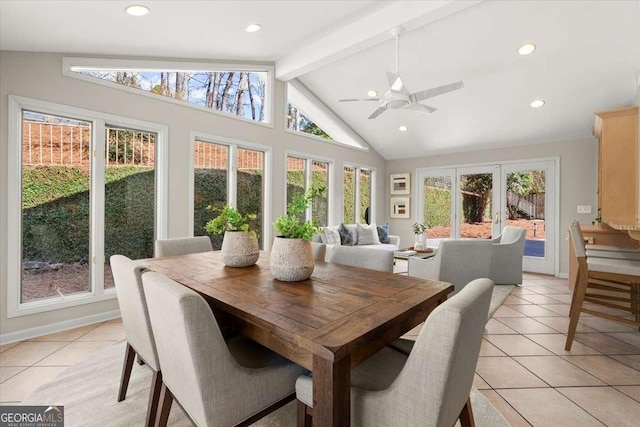 sunroom featuring vaulted ceiling with beams and ceiling fan