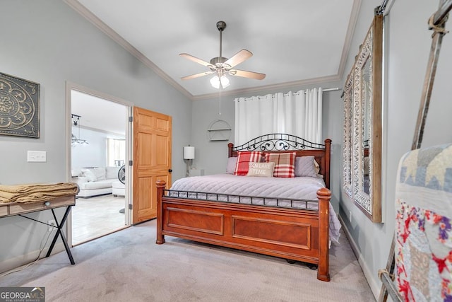 bedroom featuring light colored carpet, crown molding, a ceiling fan, and lofted ceiling