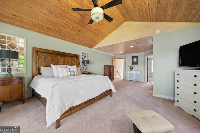 bedroom featuring baseboards, wooden ceiling, ceiling fan, carpet, and lofted ceiling