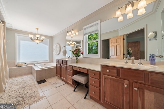 bathroom with a garden tub, an inviting chandelier, vanity, ornamental molding, and tile patterned flooring
