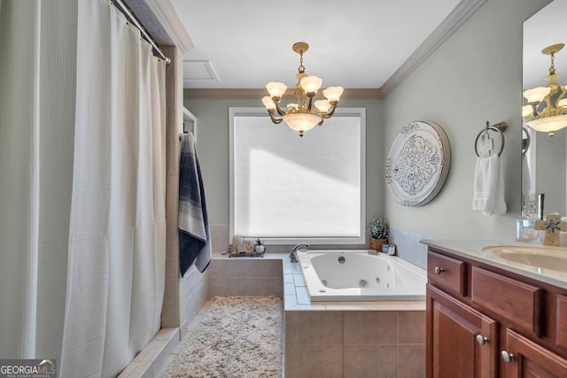 bathroom featuring crown molding, vanity, a shower with curtain, a tub with jets, and a chandelier