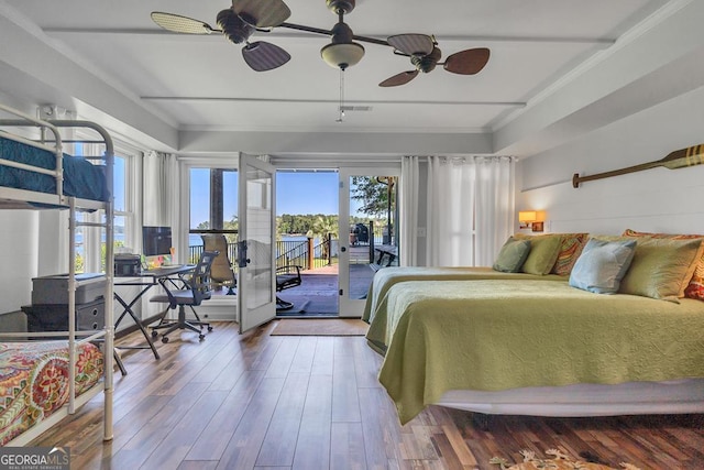 bedroom featuring crown molding, access to outside, wood finished floors, and a ceiling fan