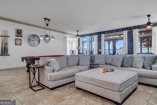 living area featuring ornamental molding, ceiling fan, and billiards