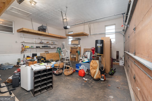 garage with a garage door opener and a workshop area