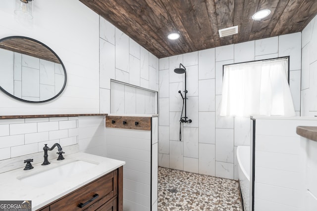 full bathroom featuring visible vents, wood ceiling, a washtub, walk in shower, and recessed lighting