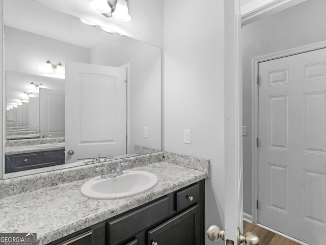 bathroom with wood finished floors and vanity