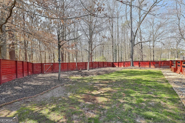 view of yard featuring a fenced backyard and a gate