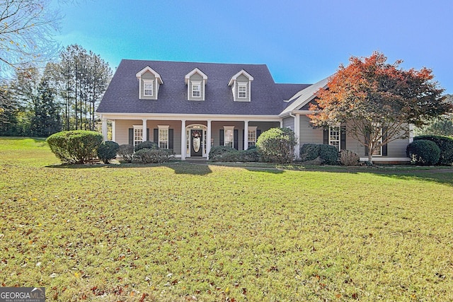 cape cod home with covered porch and a front yard