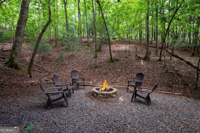 view of yard with a fire pit