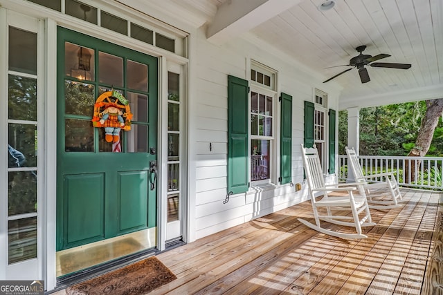 exterior space with covered porch and ceiling fan