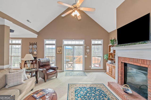 living room featuring a brick fireplace, carpet, visible vents, and high vaulted ceiling