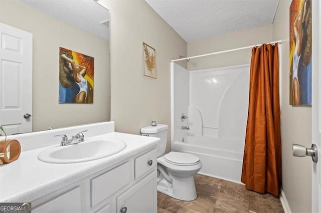 full bath featuring toilet, shower / bathtub combination with curtain, a textured ceiling, and vanity