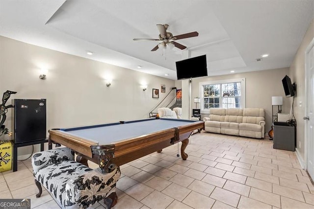 recreation room with light tile patterned flooring, recessed lighting, pool table, a ceiling fan, and a tray ceiling