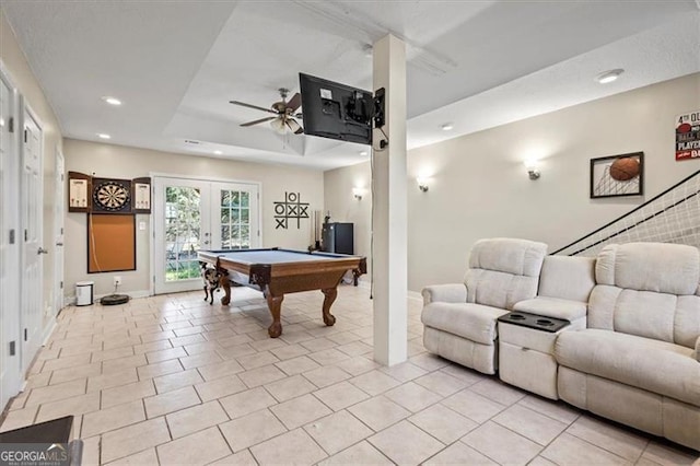 game room with billiards, ceiling fan, light tile patterned flooring, french doors, and recessed lighting