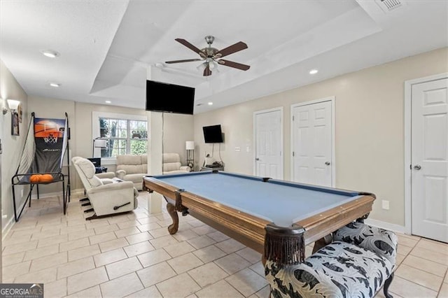 game room featuring light tile patterned floors, billiards, baseboards, a raised ceiling, and ceiling fan