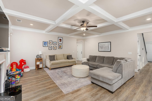 living room with coffered ceiling, beam ceiling, visible vents, and light wood finished floors