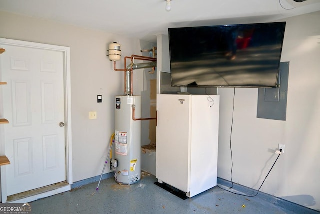 utility room featuring gas water heater and electric panel