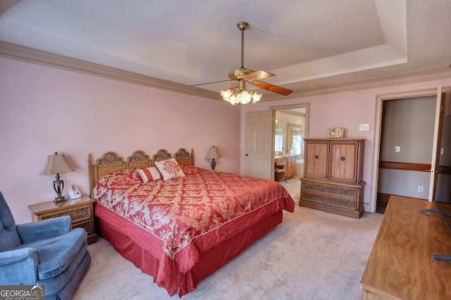 bedroom featuring a ceiling fan, light colored carpet, crown molding, and a textured ceiling